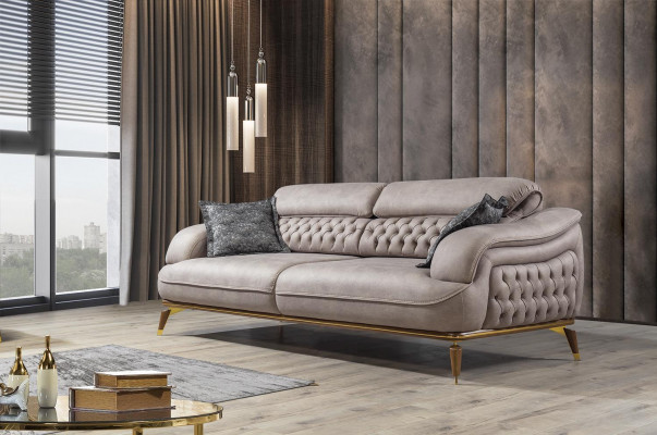 Luxus Dreisitzer Sofa 3 Sitzer Stoff Sofas Holz Design Grau Chesterfield