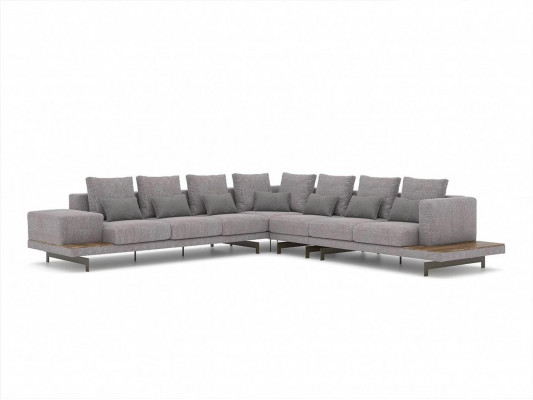 Wohnzimmer Set 3tlg Grau Ecksofa L-Form Holz Couchtisch Designer Beistelltisch