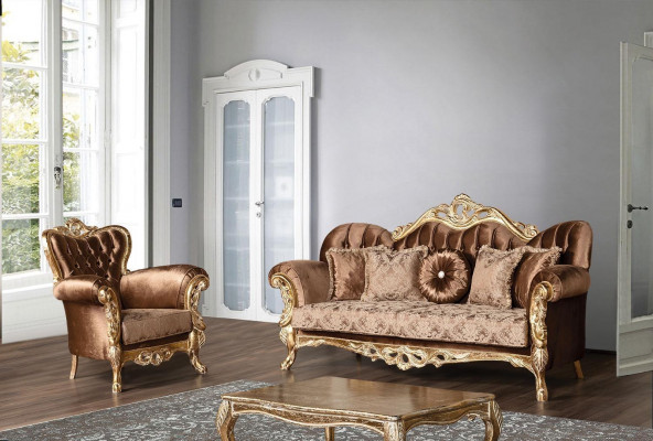 Goldene Samt Couch Set Chesterfield Sofagarnitur Sofa Möbel Holz 5tlg