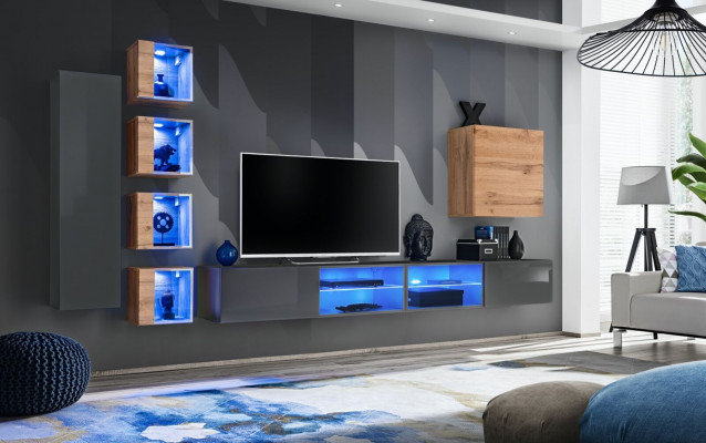 Wohnzimmer Wohnwand Grau Modern Möbel TV-Ständer Wandschrank Regale