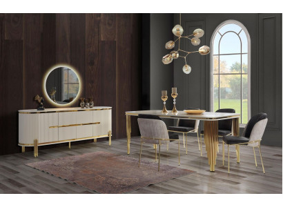 Luxus Esszimmer Garnitur Essgruppe Esstisch Stühle Set 6tlg Gold Weiß