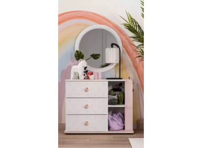 Garnitur Kommode mit Spiegel Weiß Holz Rosa Schrank Holzschrank Modern