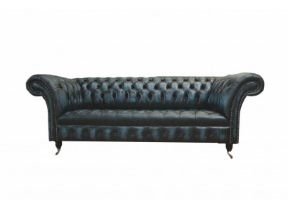 Klassischer 3 Sitz Couch Polster Sitz Chesterfield Textil Leder Blau