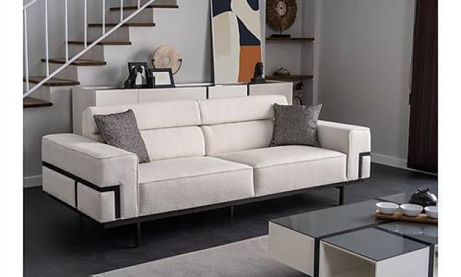 Wohnzimmer Weißes Textilsofa Exklusiver Dreisitzer Polster Couch Neu