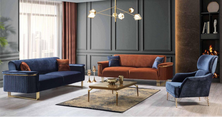 Blauer Wohnzimmer 3-Sitzer Luxuriöses Stoffsofa Elegante Polstermöbel