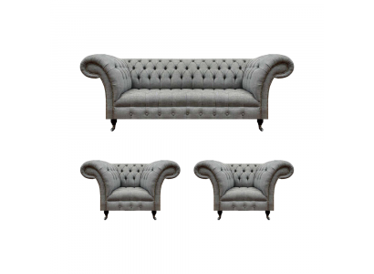 Wohnzimmer Set 3tlg Chesterfield Sofas Grau Textil Polstermöbel 2x Sessel