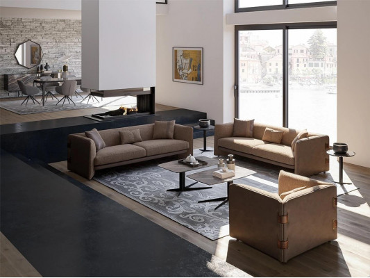 Wohnzimmer 7tlg Braun 2x Sofas Modern Sessel mit Couchtisch Luxus Einrichtung