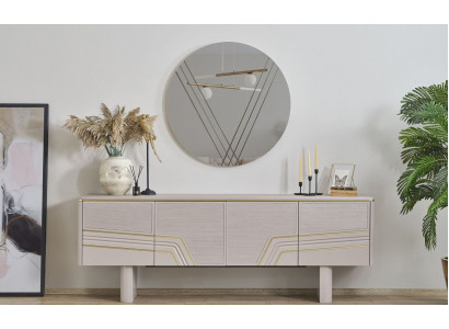 Beige Luxus Holzmöbel Designer Sideboard Luxus Rundspiegel Modern 2tlg