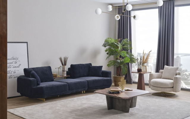 Blauer Dreisitzer Weißer Sessel Designer Wohnzimmer Sofagarnitur 2tlg