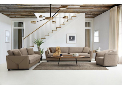 Sofagarnitur 441 Sitzer Sessel Viersitzer Modern Stoff Beige Set 3tlg