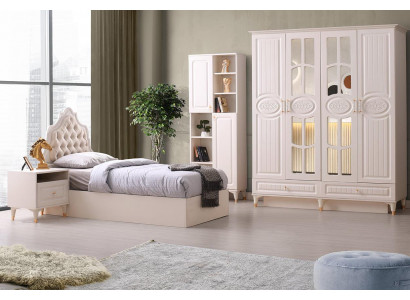 Jugendzimmer-Set 4tlg Beige Modern Bett Nachttisch Kleiderschrank Bücherregal