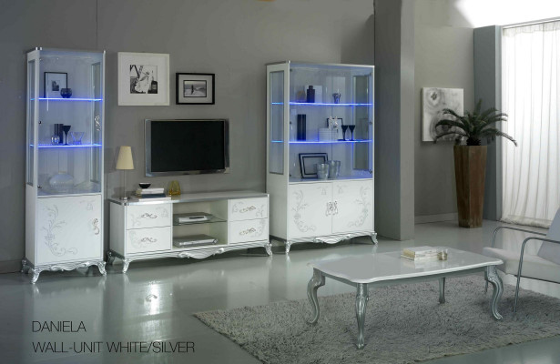 Wohnwand Wohnzimmer-Set Vitrine Lowboard Wandregal TV Tisch Weiß-Silber 3 tlgs.