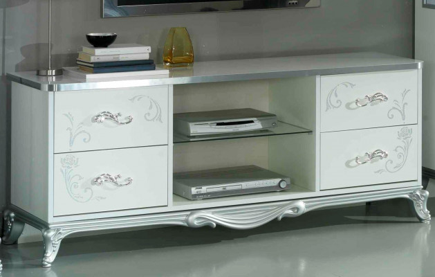 Wohnwand Wohnzimmer-Set Vitrine Lowboard Wandregal TV Tisch Weiß-Silber 3 tlgs.