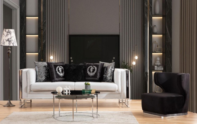 Weiß-Schwarze Couchgarnitur Wohnzimmer Sofas Dreisitzer Polster Sessel