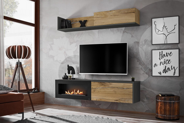 Wohnwand tv Möbel Wohnzimmer Regal TV Ständer mit KaminModern Holz Braun