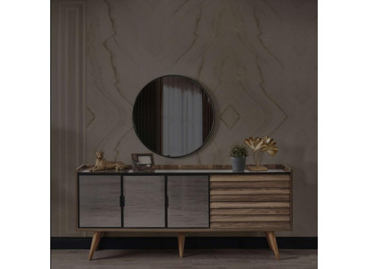 Braunes Esszimmer Set Stilvolles Sideboard Rundspiegel Holzmöbel 2tlg