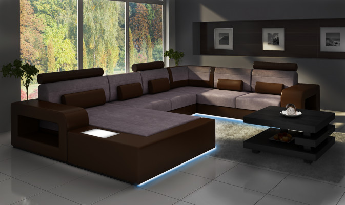 Wohnlandschaft Sofa mit USB Sofagarnitur Stoff Textil Leder Sofa mit Beleuchtung