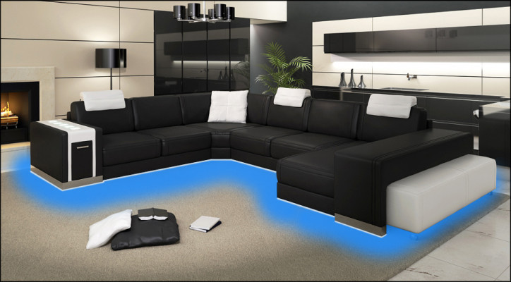 Wohnlandschaft Designer Sofa LED USB Couch Big Polster Leder Sofas Eck Ecke Sitz