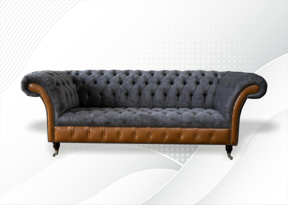 Chesterfield Sofa Couch Polster 3 Sitzer Grau Textil Stoff Graue Couchen