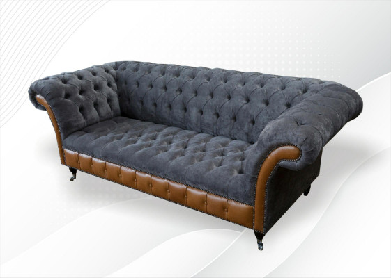 Chesterfield Sofa Couch Polster 3 Sitzer Grau Textil Stoff Graue Couchen