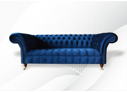 Chesterfield 3 Sitzer Blau Design Couchen Polster Sofas Samt Stoff Textil Luxus