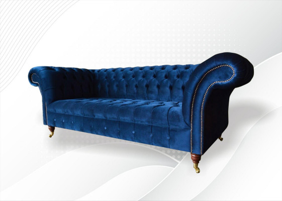 Chesterfield 3 Sitzer Blau Design Couchen Polster Sofas Samt Stoff Textil Luxus