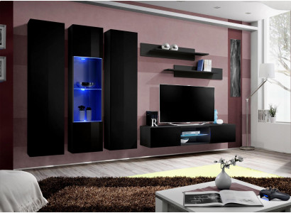 Schwarz Wohnwand Wohnzimmer Luxus Set Hänge Vitrine TV Ständer Wandregal Möbel