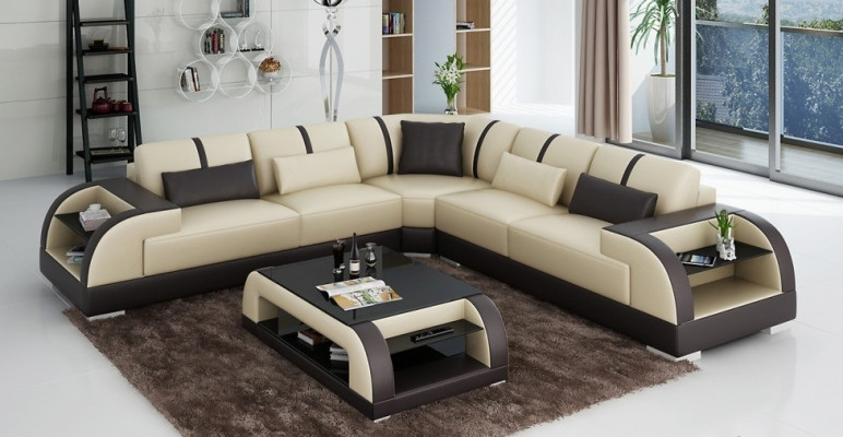 Design Eck Leder Sofa Couch Polster Garnitur Wohnlandschaft L Form Moderne Beige