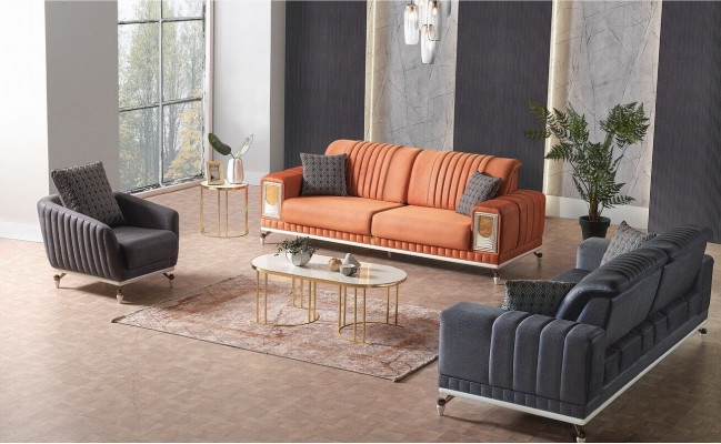 Sofagarnitur 3+3+1 Sitzer Textil Holz Sofa 3 Sitzer Modern Sessel Komplett Set