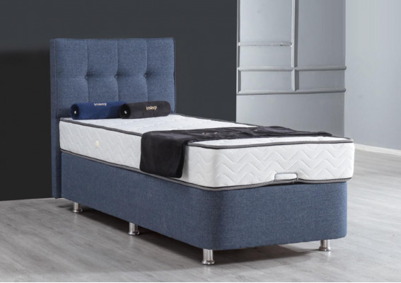 Bett Blau Einzelbett Metall Modern Betten Luxus Stoff Bett Chesterfield Neu