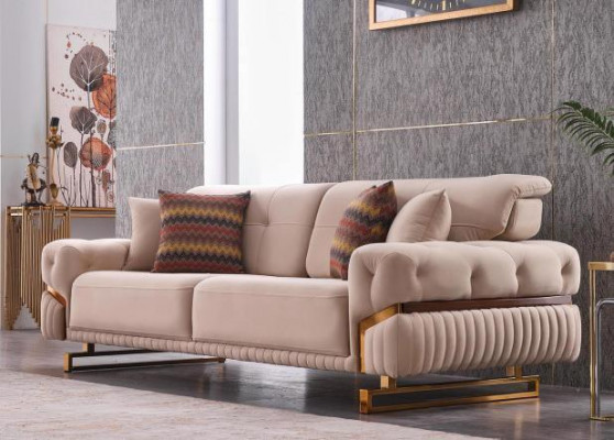 Beiger Dreisitzer Edelstahlmöbel Wohnzimmer Couch Luxus Textil Sofa