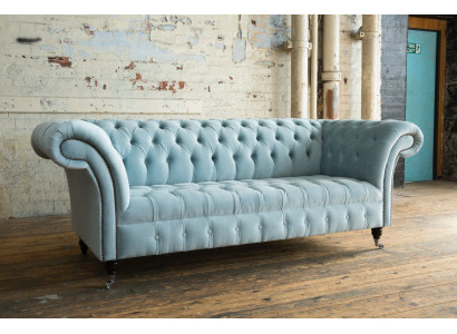 Chesterfield 3 Sitzer Polster Couch Leder Sofa Couchen Textil Modern Stil Blau