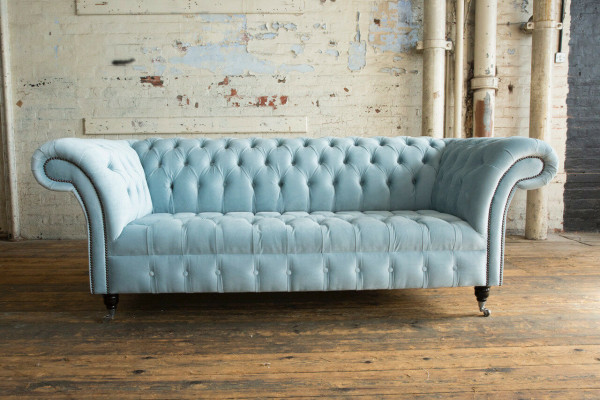 Chesterfield 3 Sitzer Polster Couch Leder Sofa Couchen Textil Modern Stil Blau