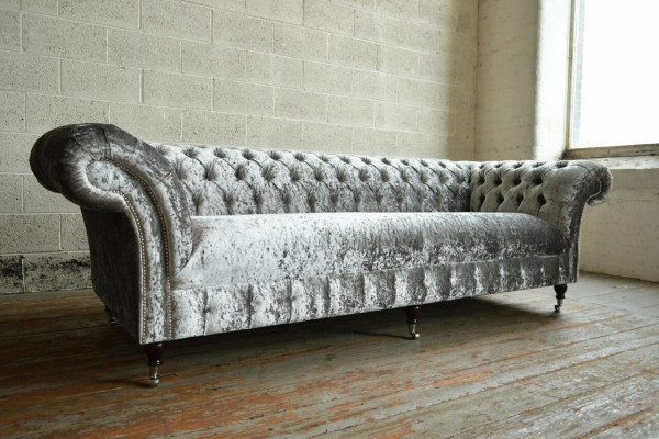 Silber Chesterfield Textil Leder Sofa Couch Polster Big Sitzpolster Neu 265cm