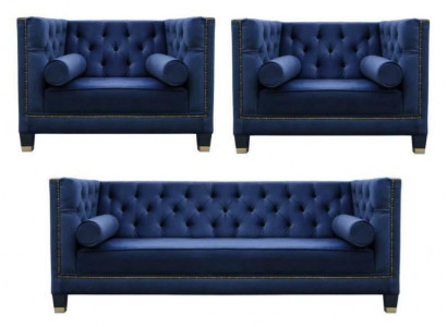 Chesterfield Blaue Sofagarnitur 3tlg Set Couch Garnituren Sitz Polster Gruppe