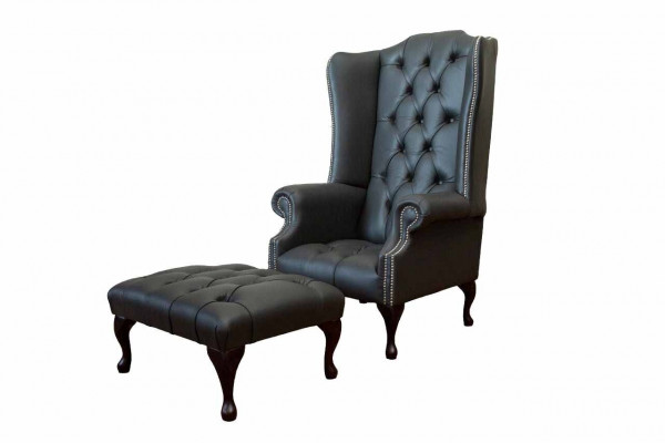 Sessel mit Hocker Designer Polstersessel Chesterfield Ohrensessel Neu