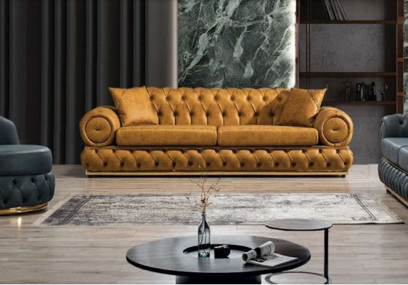 Sofa 3 Sitzer Chesterfield Polster Sofas Dreisitzer Leder Wohnzimmer Blau Möbel