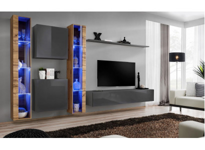 Luxus Komplett Set 6tlg Wohnwand Grau TV-Ständer Wandschrank Sideboard Modern