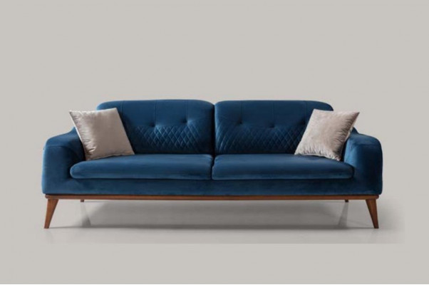 Blaue Couch Dreisitzer Sofa Wohnzimmer Sitzpolster Möbel Samt Holz