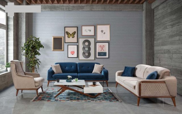 Blaue Couch Dreisitzer Sofa Wohnzimmer Sitzpolster Möbel Samt Holz