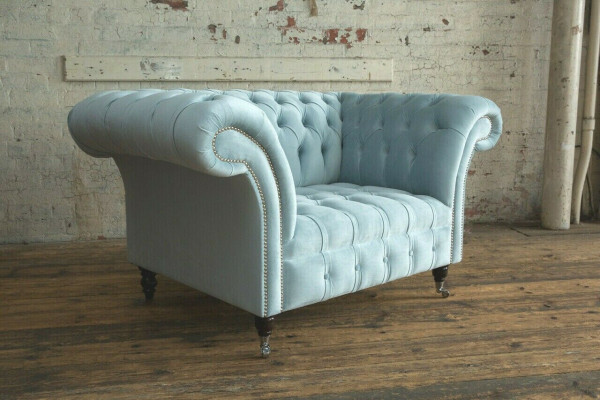 Chesterfield Design Stoff Couch Sessel 1.5 Sitzer Polster Sofas Lounge Blau Samt