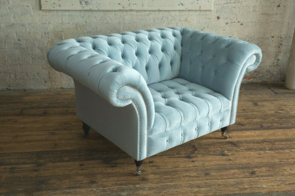 Chesterfield Design Stoff Couch Sessel 1.5 Sitzer Polster Sofas Lounge Blau Samt