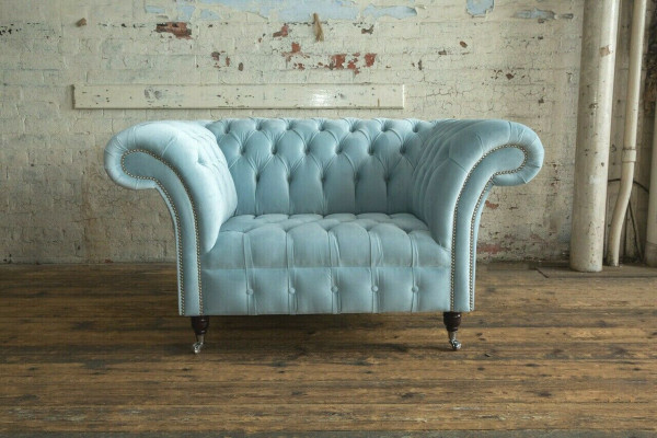 Chesterfield Design Stoff Couch Sessel 1.5 Sitzer Polster Sofas Lounge Blau Samt