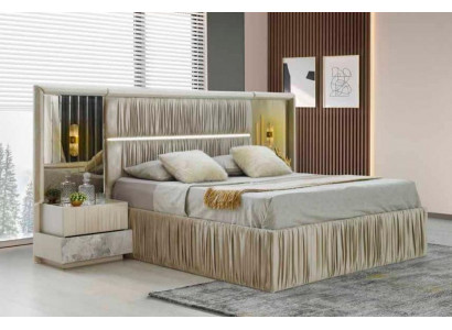 Beige Schlafzimmer-Set 3tlg Bett Nachttische Modern Rechteckig Gemustert Design