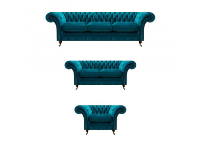 Blaue Designer Chesterfield Posltermöbel Wohnzimmer Textil Couchen 3tlg