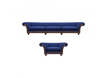 Blaue Chesterfield Polstermöbel Designer 3-Sitzer Sofa Stoffsessel 2tlg