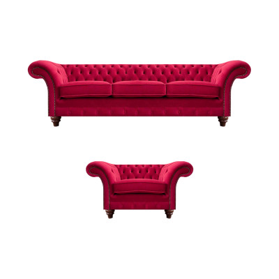 Chesterfield Rote Couchgarnitur Edler Textilsessel Polster Dreisitzer