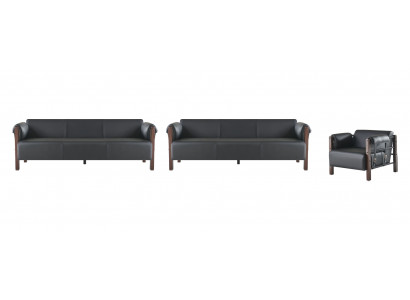 Sofagarnituren Sofa-Set 3-Sitzer Sessel Schwarz Holz Sofas Ledersofas