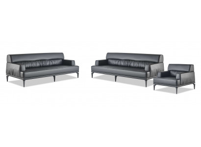 Sofagarnituren Sofa-Set Leder 3-Sitzer Sessel Schwarz Ledersofas Modern