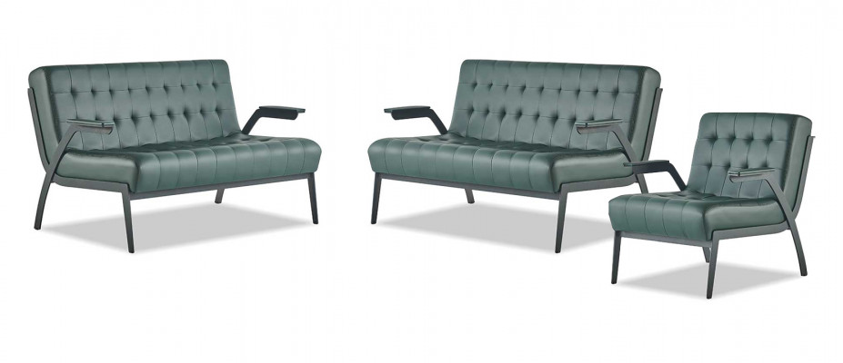 Sofa-Set 2-Sitzer Sessel Grün Edelstahl Modern Leder Chesterfield Holz